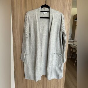 J.Jill Cardigan Gray Pockets Ribbed Contrast Cotton Blend Long  Size Large petit